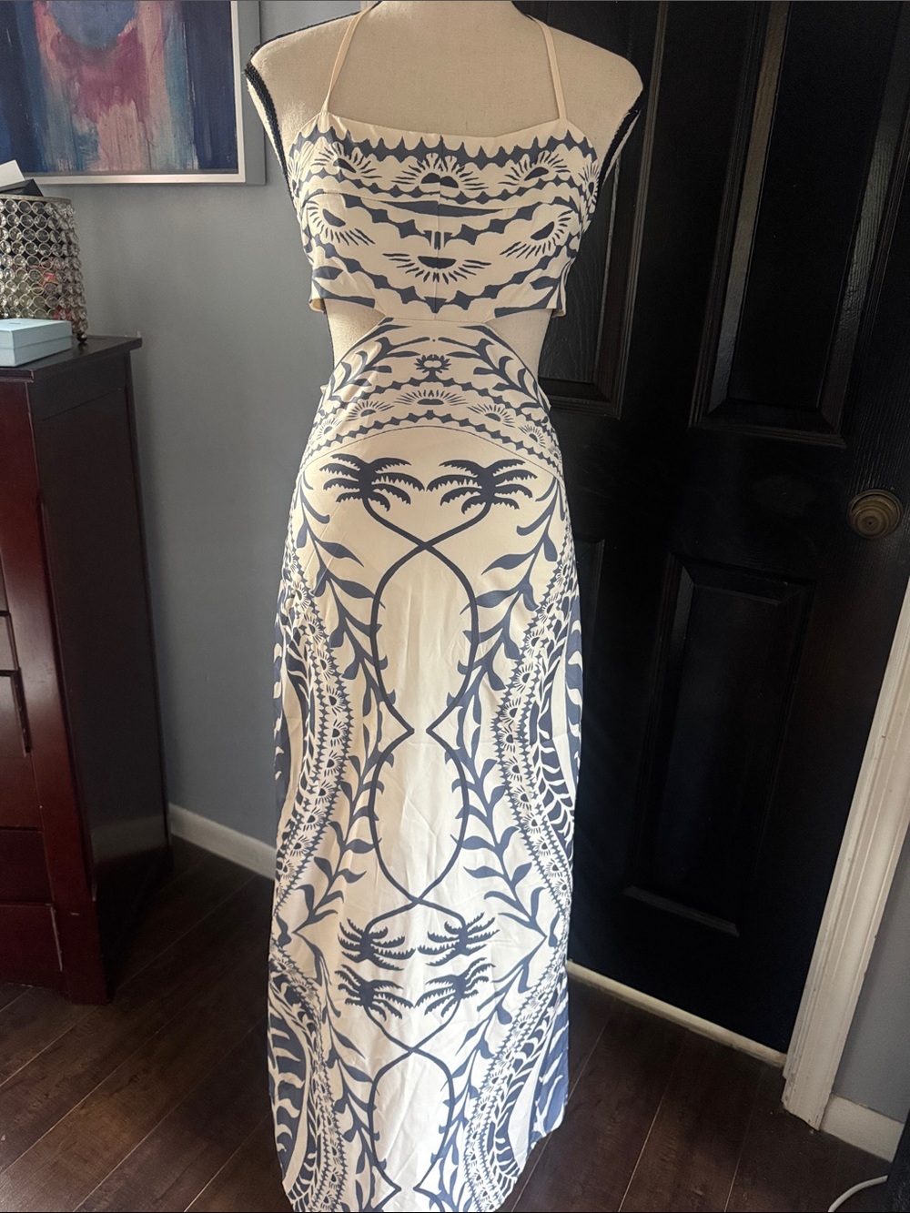 SHEIN White and Navy Cutout Halter Maxi Dress